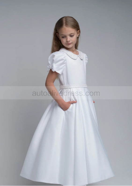 Beaded Peter Pan Collar White Satin Cute Flower Girl Dress Beaded Peter Pan Collar White Satin Cute Flower Girl Dress